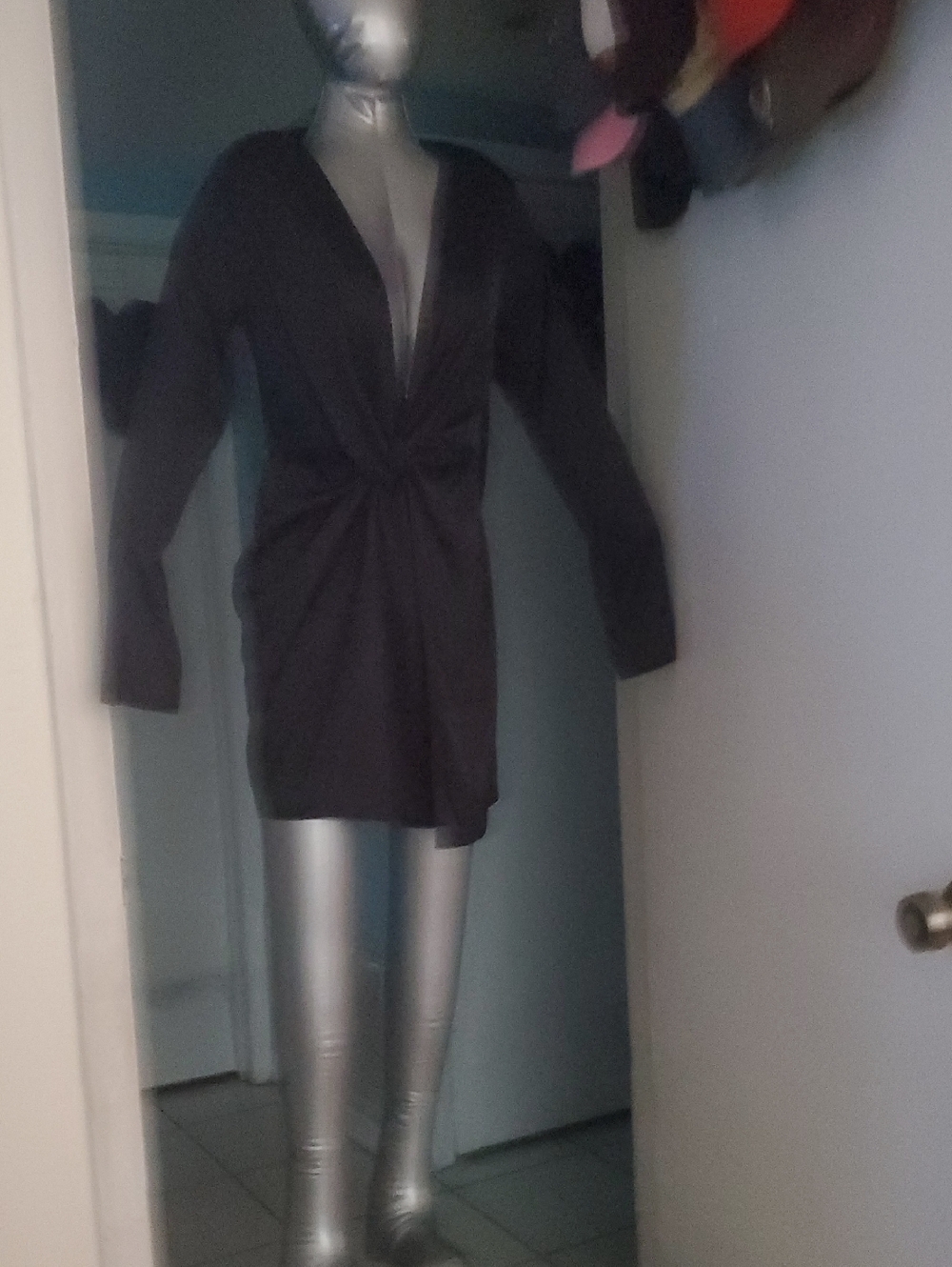 Twist Front Long Sleeve Mini Dress - Black, Also Great With Slacks.